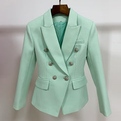 Lizakosht Classic Baroque Designer Blazer Jacket Women's Metal Lion Buttons Double Breasted Textured Blazer Mint Green