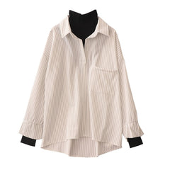 Fake Two Piece Striped Shirt Women Patchwork Knitted Turtleneck Autumn Winter Long Sleeve Casual Loose Female Blouse Tops