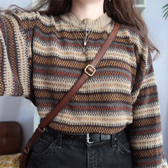 High Street Women Sweater Striped Contrasting Color Sweaters Vintage O-Neck Long Sleeve Knitwear Pullovers Women Clothes