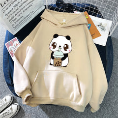 Hoody Little Panda Drinking Milk Tea Print Hoodie Streetwear Cute Winter Clothes Womens Oversized Loose Sweatshirts Women 2021