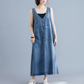 #0405 Denim Dress Women Plus Size Casual Vintage Sleeveless Big Pockets Loose Retro Jeans Dress Female V Neck Vestidos Summer