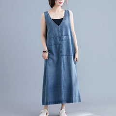 #0405 Denim Dress Women Plus Size Casual Vintage Sleeveless Big Pockets Loose Retro Jeans Dress Female V Neck Vestidos Summer
