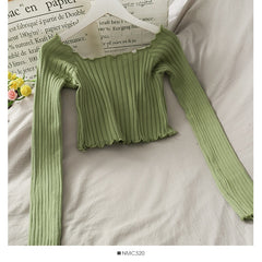 Lizakosht Women Off Shoulder Short Shirt Casual Solid Slim Long Sleeve all-match Blouse WX71