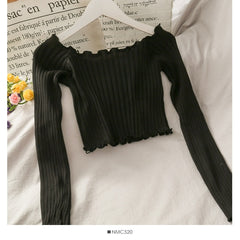 Lizakosht Women Off Shoulder Short Shirt Casual Solid Slim Long Sleeve all-match Blouse WX71