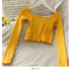 Lizakosht Women Off Shoulder Short Shirt Casual Solid Slim Long Sleeve all-match Blouse WX71