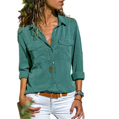 Autumn Woman Pocket Office Blouse Plus Size Lapel Long Sleeve Slim Buttons Shirt Ladies Black Pink Femininas Tops S-5XL