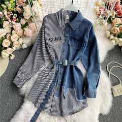 Women's Blouse 2021 Autumn Long Sleeve Shirt Tops Jeans Patchwork Plaid Blouses Elegantes Blusas para mujer Slim Shirt Dress