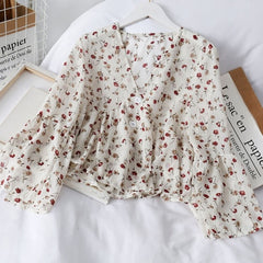 Women's V Neck Fashion Floral Print Chiffon Blouses Sweet Small Fresh Long Sleeves Chiffon Shirt Blouses