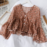 Women's V Neck Fashion Floral Print Chiffon Blouses Sweet Small Fresh Long Sleeves Chiffon Shirt Blouses