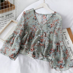 Women's V Neck Fashion Floral Print Chiffon Blouses Sweet Small Fresh Long Sleeves Chiffon Shirt Blouses
