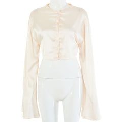 Fantoye Casual Satin Two Piece Dress Set For Women White O-neck Button Top Bandage Mini Pencil Skirts Outfits Fashion Party Suit