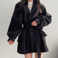 Lizakosht Women Solid Wool Blend Coat Slim Fit Belt Coats Female Warm Plus Cotton Thicker V-neck Office Lady Elegant Trendy Button Outwear