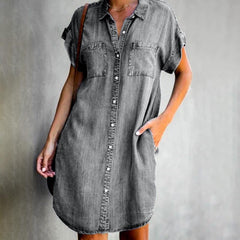Summer Dress Women Short Sleeve Pockets Single-breasted Irregular Hem Knee-length Denim Dress Loose Style vestidos
