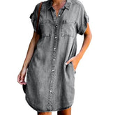 Summer Dress Women Short Sleeve Pockets Single-breasted Irregular Hem Knee-length Denim Dress Loose Style vestidos
