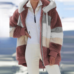 New Fashion Winter Women Coat Loose Plush Warm Hooded Jacket Casual Multicolor Splicing Zipper Long Sleeve Ladies Coats 5XL