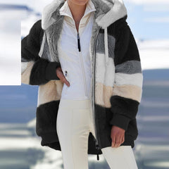 New Fashion Winter Women Coat Loose Plush Warm Hooded Jacket Casual Multicolor Splicing Zipper Long Sleeve Ladies Coats 5XL