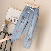 Ripped High Waist Mom Jeans Plus Size Denim Pants For Women Female Vintage Embroidery Elastic Waist Ankle Length Trousers Baggy