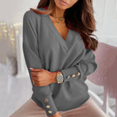 Women's sweater Autumn Solid Color Deep V Neck Pocket Single-breasted Long Sleeve Pullover Knitted Cardigan Tops 2021 Oversized