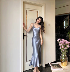 Sexy V Neck Fishtail Slip Satin Dress Thin Straps Tank Dress Casual Long Slim Camisole Lady Beach Cami Female Dresses