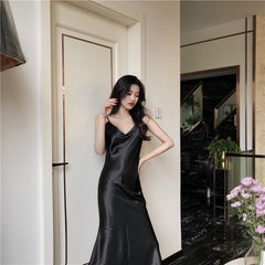 Sexy V Neck Fishtail Slip Satin Dress Thin Straps Tank Dress Casual Long Slim Camisole Lady Beach Cami Female Dresses