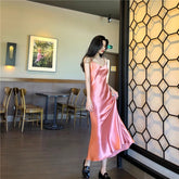 Sexy V Neck Fishtail Slip Satin Dress Thin Straps Tank Dress Casual Long Slim Camisole Lady Beach Cami Female Dresses