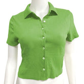 WJFZQM Solid Color Polos Top Women Short Sleeve T- shirt Ribbed Button Cardigan Crop top Women T Shirt Casual Summer tshirt 2021