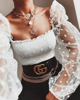 Summer Polka Dot Crop Top Women Vintage Shirts Puff Sleeve Sexy Square Neck Slim See-through Blouse Tank Tops Clubwear Clothing