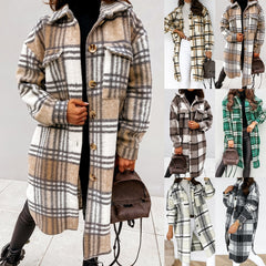 Women Vintage Warm Shirt Jacket Autumn Winter Plaid Long Shirt Jacekt Casual Loose Buttons Pockets Turn down Shirt Coat
