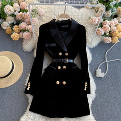 Blazer Coat Women Velvet Suit Jacket Winter Double Breasted Long Sleeve Ladies Black Blazer Belt Women Slim Suit Blazer Outwear