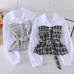 Women New Plaid Shirt Female Autumn Korean Loose Long-sleeved Stitching Fake Two-piece Blouse Turn-Down Collar Top Female GX1145