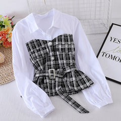Women New Plaid Shirt Female Autumn Korean Loose Long-sleeved Stitching Fake Two-piece Blouse Turn-Down Collar Top Female GX1145
