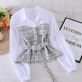 Women New Plaid Shirt Female Autumn Korean Loose Long-sleeved Stitching Fake Two-piece Blouse Turn-Down Collar Top Female GX1145