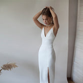 Lizakosht Sexy Backless White Party Dress For Women Spaghetti Strap High Split Slim Sheath 2021 New Spring