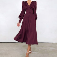 Satin Prom Women's Long Dress For Party Lantern Sleeve A-Line High Waist Slim Elegant Dresses 2021 Clothes New Year Ball Evening
