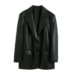 Lizakosht Women Fashion Faux Leather Loose Blazers Coat Vintage Long Sleeve Pockets Back Vents Female Outerwear Chic Tops