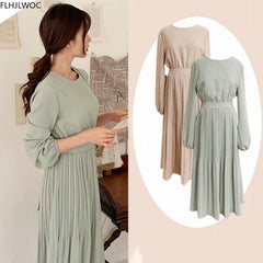 Women Autumn Fall New Arrivals Design Elegant Retro Vintage Korean Style Solid Long Dress