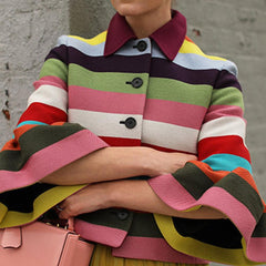 Fashion Coats Women Autumn Rainbow Stripes Jacket 3/4 Petal Sleeve Single-Breast Coat Elegant Turn-Down Collar Office Lady Coat