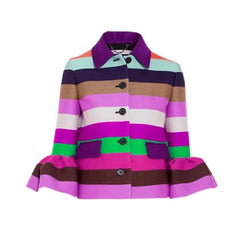 Fashion Coats Women Autumn Rainbow Stripes Jacket 3/4 Petal Sleeve Single-Breast Coat Elegant Turn-Down Collar Office Lady Coat