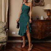 Lizakosht Elegant Dress For Women Bodycon Dress One Shoulder Summer New Fashion Party Ruffles Hem Dresses Robe Femme