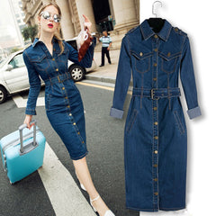 Lizakosht  Jeans Dress Denim Dresses Winter Office Slim Jeans Long Sleeve Mid-Cuff Denim with Belt for Women Jeans Dress Long Dress