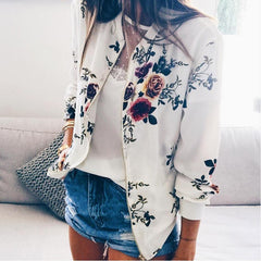 LIZAKOSHT - Autumn New Plus Size Printed Bomber Jacket Women Pockets Zipper Long Sleeve Coat Female Flower Chiffon White Jacket Woman