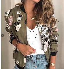 LIZAKOSHT - Autumn New Plus Size Printed Bomber Jacket Women Pockets Zipper Long Sleeve Coat Female Flower Chiffon White Jacket Woman