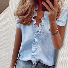 New Fashion Ladies Blouse Summer Tops Short Sleeves Office Lady Women's Clothing V-Neck Solid Ruffles Casual Print Female Shirt
