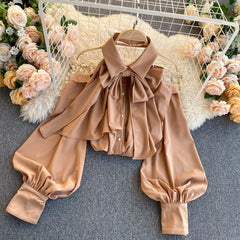 Spring Autumn New Blouse Women Halter Scheming Halter Shirt Bowknot Lapel Puff Sleeve Female Top C031
