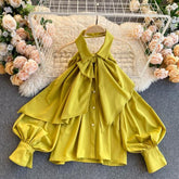 Spring Autumn New Blouse Women Halter Scheming Halter Shirt Bowknot Lapel Puff Sleeve Female Top C031
