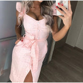 Women White Dress Lace Up Sexy Midi Vestidos Ruffles Sleeveless Bodycon Female Dresses 2021 Buttons Belt Elegant Ladies Clothes