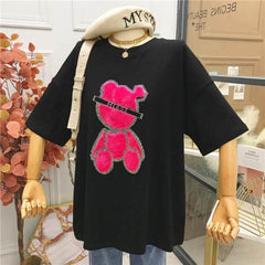 T-shirt Female 2021 Spring, Summer and Autumn Brushed Short-sleeved Print Bear Korean Version Top Woman Tshirts Graphic Tee