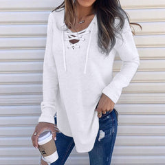 Shirt Women 2021 White Solid V Neck Strap Long Sleeve Shirt Top Autumn Blouse Casual Women's Clothes Ropa De Mujer