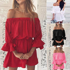 Women Slash Neck Off Shoulder Dresses Summer Flare Sleeve Bandage Solid Sundress Loose Casual Sexy Beach Vestidos Robe Dress