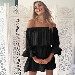 Women Slash Neck Off Shoulder Dresses Summer Flare Sleeve Bandage Solid Sundress Loose Casual Sexy Beach Vestidos Robe Dress